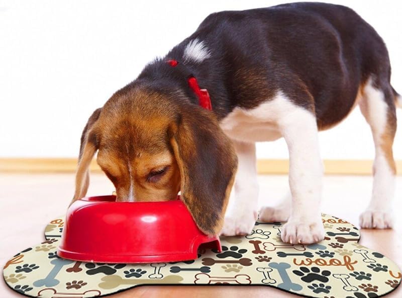 Dog Food Mats for Floors Waterproof, Pet Feeding Absorbent Water Bowl Mat Cat Placemats Beige Bone Shape 23.6 * 15.7 inch