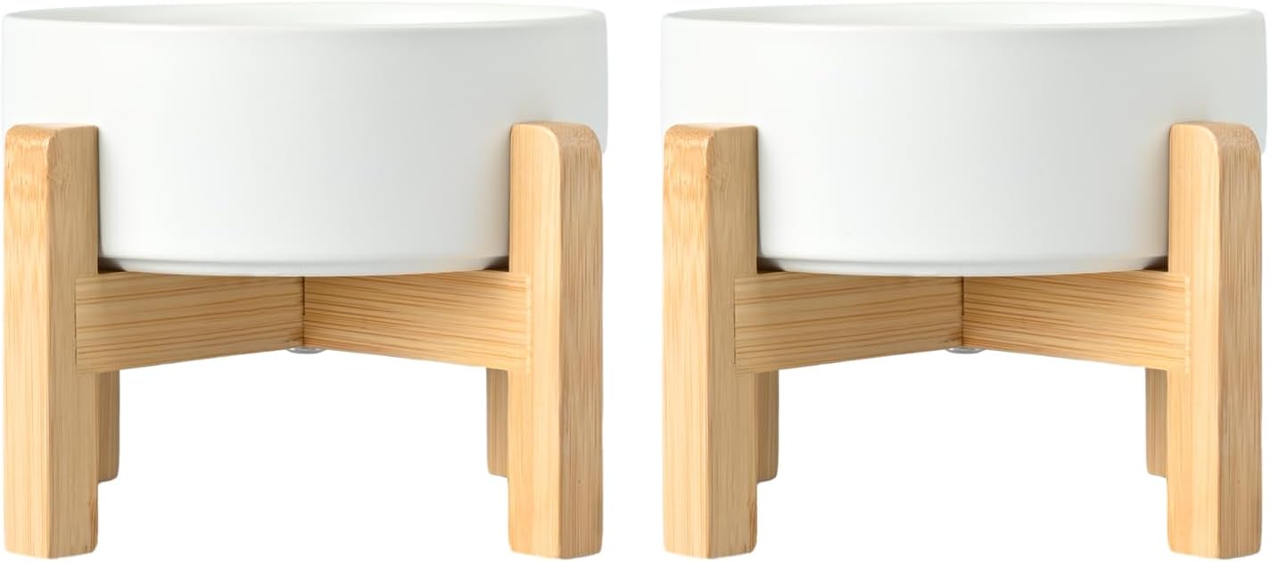 SPUNKYJUNKY Ceramic Elevated Dog Bowls 2 Pack - 8.3inch Raised Dog Bowls with Non-Slip Wooden Stand for Large Dogs Dishwasher Safe(White,60OZ*2)