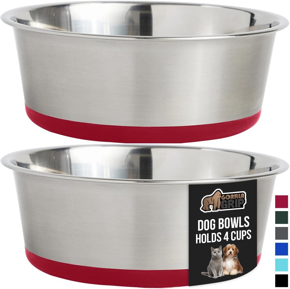 GORILLA GRIP Set of 2 Dog Bowls, Holds 4 Cups (32 fl oz), Heavy Duty Metal Food and Water Bowl for Feeding Dogs and Cats, Dishwasher Safe, Rust Resistant Stainless Steel, BPA Free Rubber Base, Red