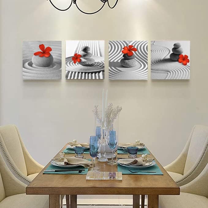 Yxbhhym Bathroom Decor Zen Decor Gray Wall Art Red Floral Wall Pictures Black and White Wall Art Flower Zen Stone Sand Pebble Canvas Print Artwork for Bedroom Living Room Home Wall Decoration