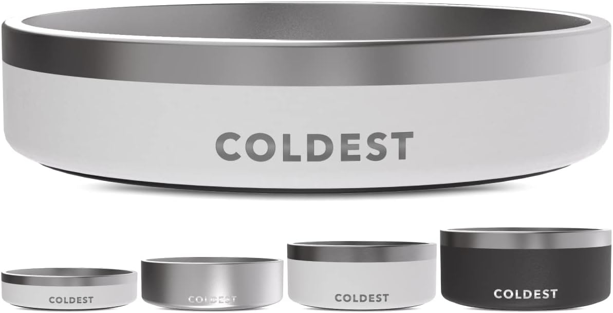 Coldest Dog Bowl - Anti Rust Metal, Non Slip, 3 Layers Insulated Stainless Steel Dog Bowls - Spill Proof & Heavy Duty - Water Bowl for Dogs, Cats & Pets, Dish Washer Safe (21 oz, Epic White)