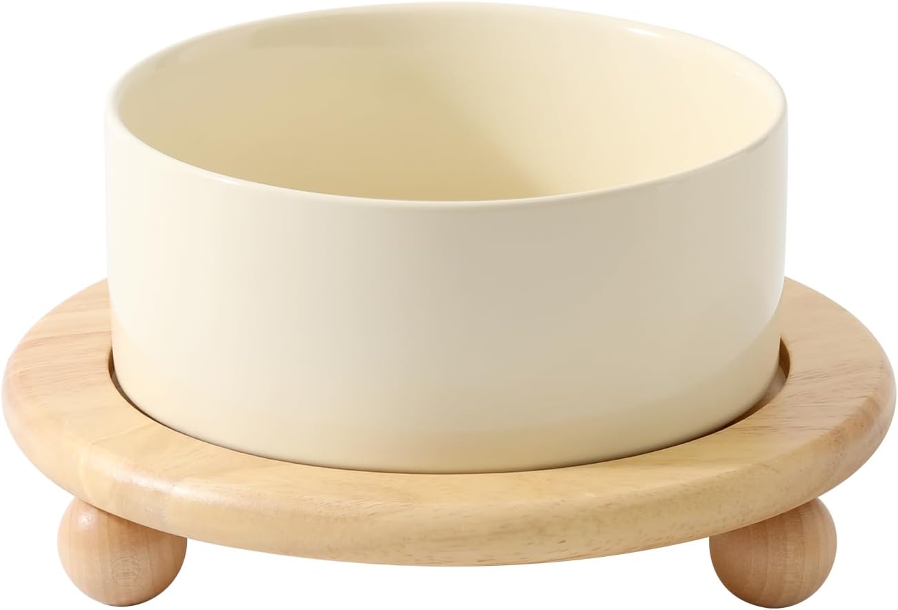 Ceramic Elevated Dog Food and Water Bowl, Kitty Bowl, Raised Dog Dish, Pet Feeder (6inch, 1 x Beige + Stand)