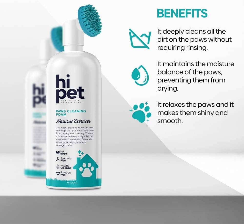 Hi Pet Dog Paw Cleaner Foam with Built-in Paw Scrubber Brush, Paw Cleaner for Dogs and Cats, Cat and Dog Paw Moisturizer, Effortless and Easy-to-Use Bottle Design Dog Feet Cleaner, 5.07 Fl Oz
