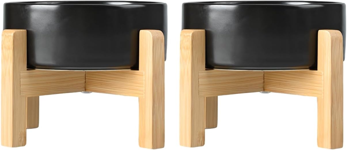 SPUNKYJUNKY Ceramic Elevated Dog Bowls 2 Pack - 5.1inch Raised Dog Bowls with Non-Slip Wooden Stand for Small Dogs Dishwasher Safe(Black,13.5OZ*2)
