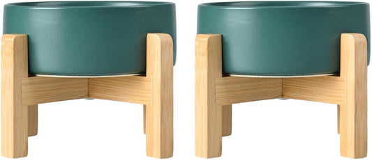 SPUNKYJUNKY Ceramic Elevated Dog Bowls 2 Pack - 8.3inch Raised Dog Bowls with Non-Slip Wooden Stand for Large Dogs Dishwasher Safe(Green,60OZ*2)
