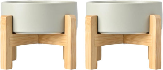 SPUNKYJUNKY Ceramic Elevated Dog Bowls 2 Pack - 5.1inch Raised Dog Bowls with Non-Slip Wooden Stand for Small Dogs Dishwasher Safe(Grey,13.5OZ*2)