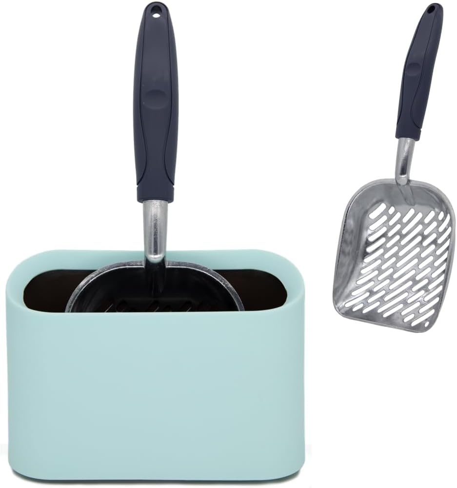 Aluminum Cat Litter Scoop in Holder, Non-Stick Cat Poop Scooper with Holder, Fast Sifting Kitten Poop Lifter and Caddy (Blue)