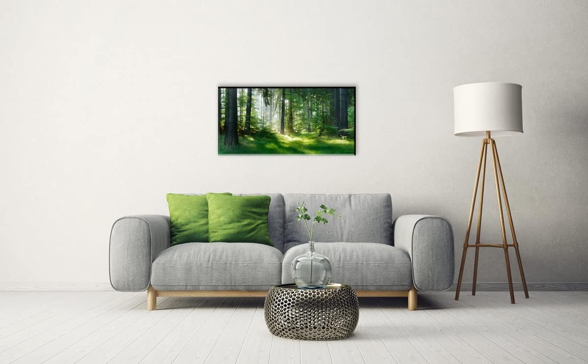 Morning Sunlight Forest Large Stretched Canvas Wall Art for Living Room Bedroom Home,Mordern Woods Scenery Picture Print Painting Decor Artwork,Green Landscape Gallery Wrapped Gift,Inner Frame(24x48)