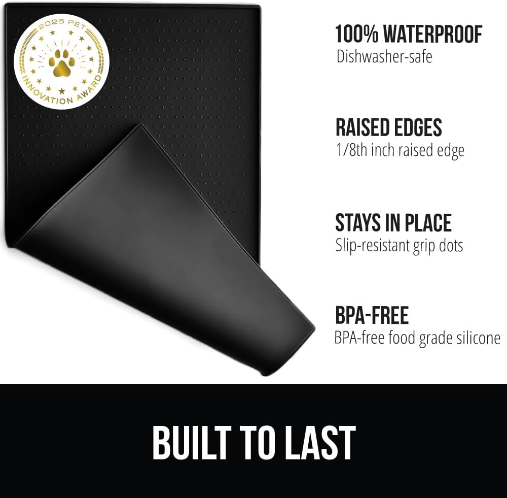 GORILLA GRIP 100% Waterproof Raised Edge BPA Free Silicone Pet Feeding Mat, Dog Cat Food Mats Contain Spills Protects Floors, Placemats for Cats and Dogs Water Bowl, Pets Accessories 32x24 Black