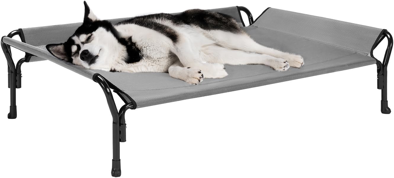 Veehoo Cooling Elevated Dog Bed, Raised Pet Cot with Guardrail & Slope Headrest, Durable Breathable Teslin Mesh, Non-Slip Feet, Washable Dog Couch Bed for Indoor & Outdoor, Large 47" x 32", Gray