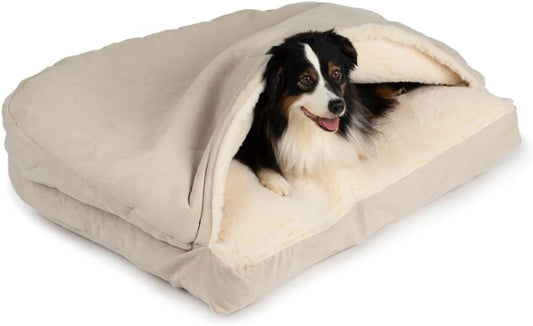 Snoozer Luxury Rectangle Cozy Cave Dog Bed - Indoor Dog Bed with Cover Cave, Covered Calming Burrow for Large Sized Pets with Blanket Attached, Enclosed, Washable - XL, Buckskin