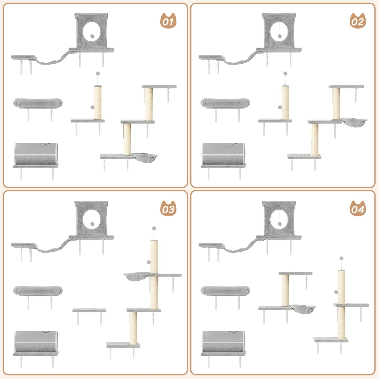 NUNU LAB Cat Wall Shelves Set, 7 Pcs Wall-Mounted Cat Climber with Cat House, Tunnel, Bridge, Scratching Post, Hammock, Wall Shelves, Gray