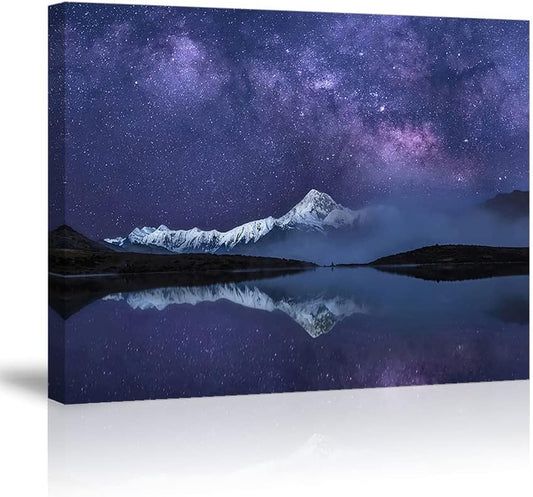 Peaceful Star Lake Landscape Wall Art For Bedroom,Starry Night Sky Over Snowy Mountain,Purple Milky Way Galaxy Scenery Decor,Giclee Canvas Print Picture, Inner Frame 12x16 Inches