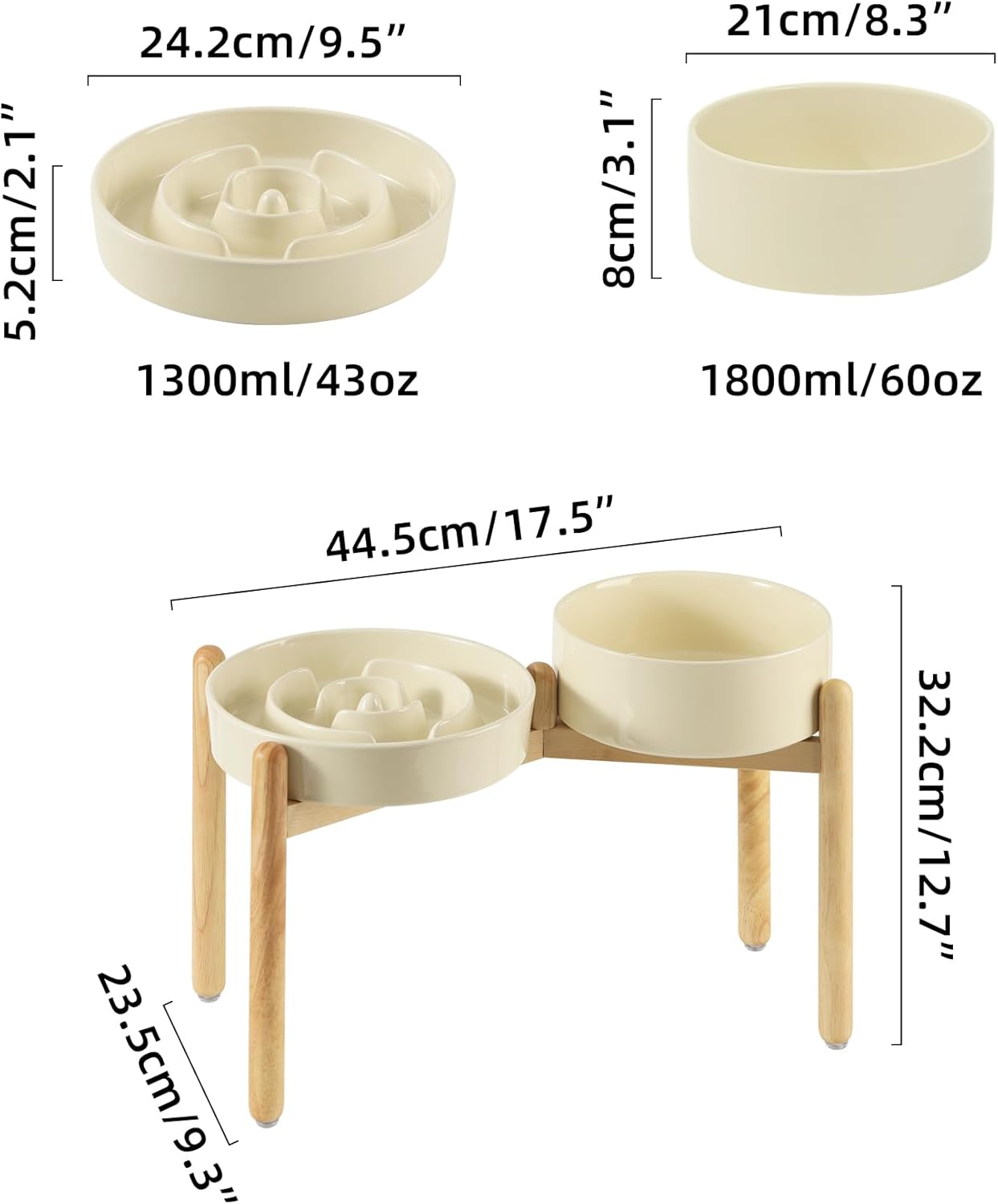 Ceramic Raised Slow Feeder Dog Bowl Set, Elevated 8.2inch Bowl and 9.5inch Puzzle Slow Food Dish with Wooden Stand for Large Dog, Anti-Gulping (2X Beige+ Stand)