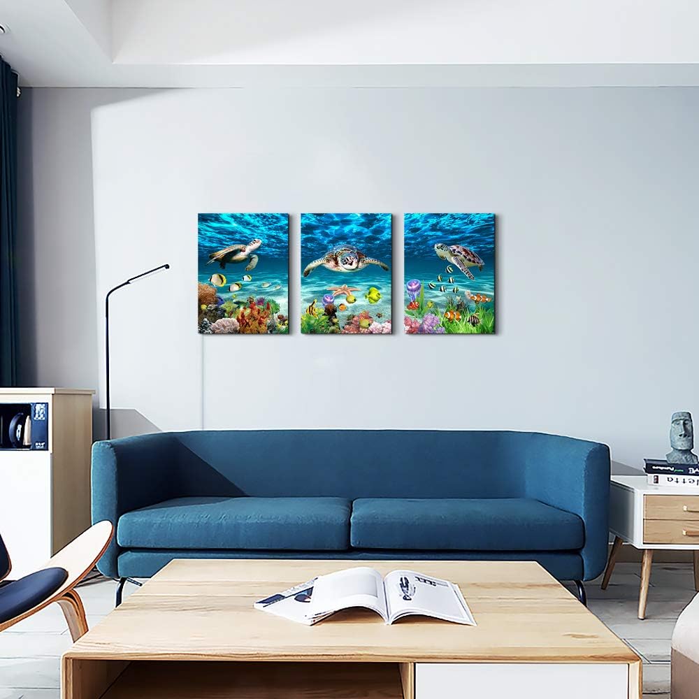 Canvas Wall Art for Living Room Large Size Wall decor for Bedroom Bathroom Wall Decoration blue Ocean Sea Turtle Paintings Modern shark Pictures Artwork office Decor Ready to Hang 16" x 24" 3 Piece