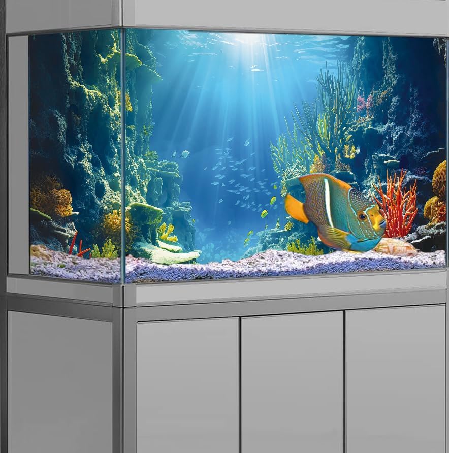 72X18IN Blue Sea Floor Aquarium Background, Natural Underwater World 3D Effect Fish Tank Decorations Background, Art Terrarium Background with 8 EVA Double-Sided Tape