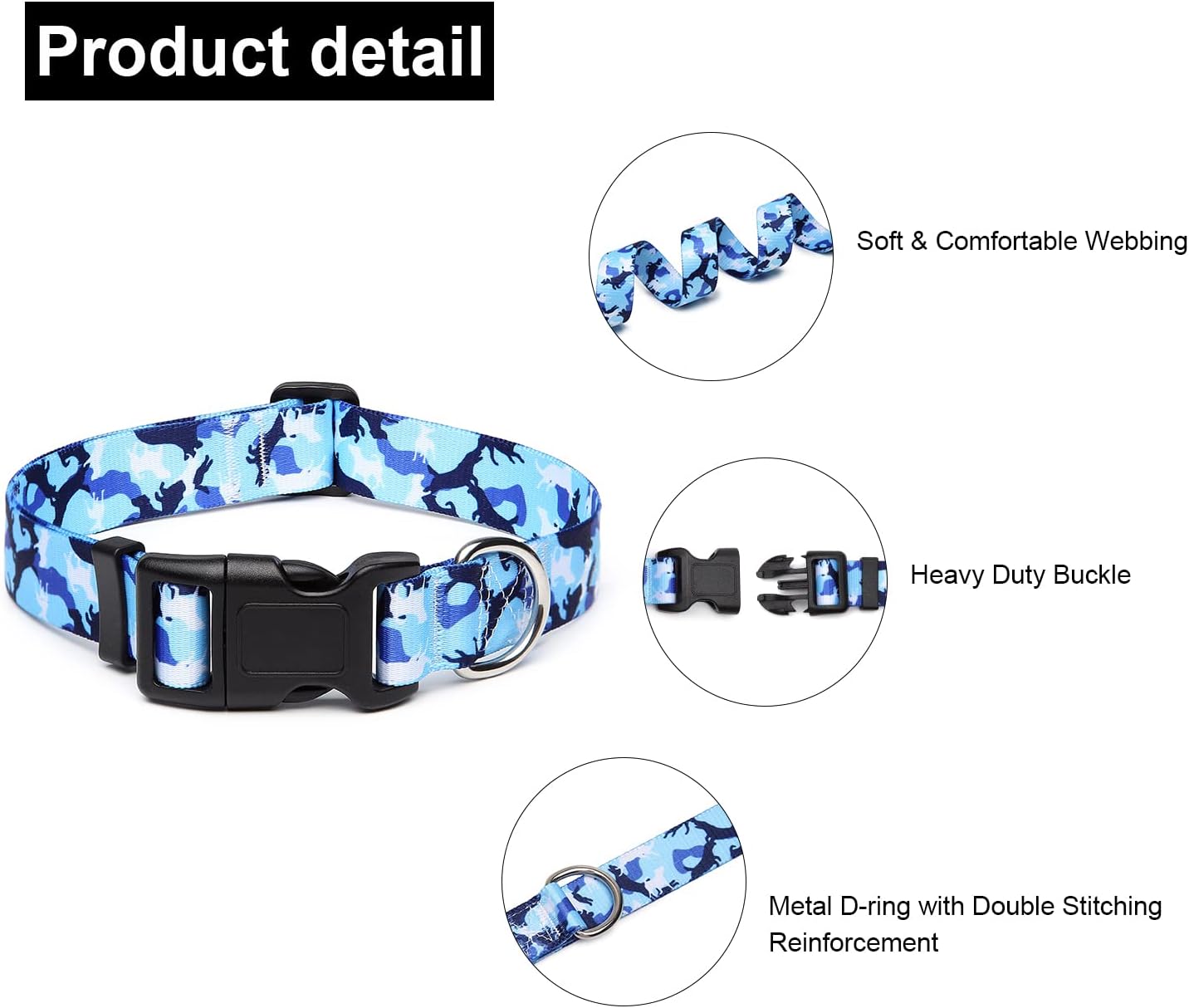 Mercano Adjustable Dog Collar - Special Design Patterns, Soft Nylon Comfortable Durable Pet Collar for Small Medium Large Dogs (M, Dog Camouflage Blue)