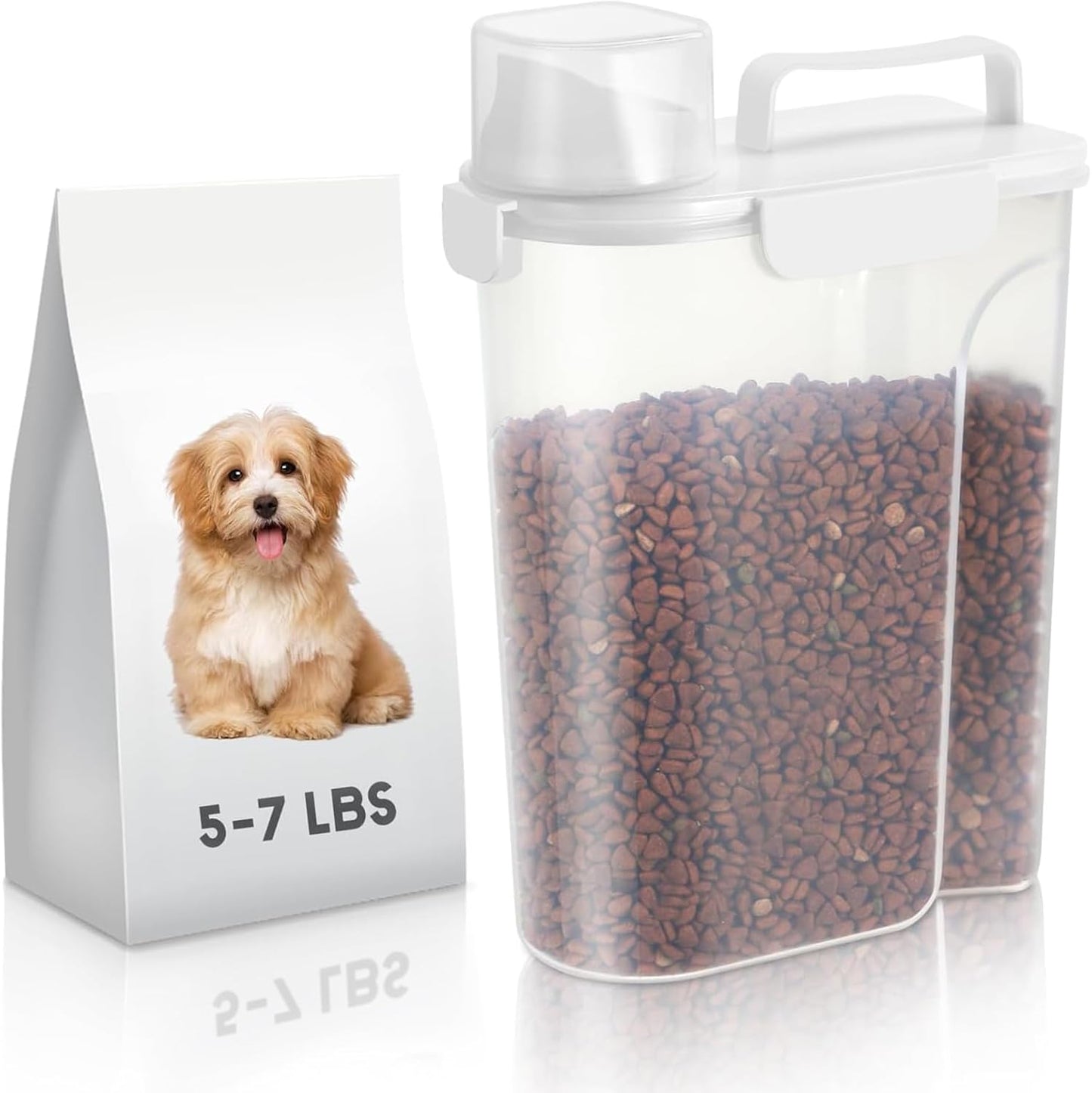 5-7Lbs Dog Cat Food Storage Container with Upgraded Large Nozzle BPA-free, 4 Snap Seals Plastic Pet Food Storage Containers with Handles (1, White, 5L)