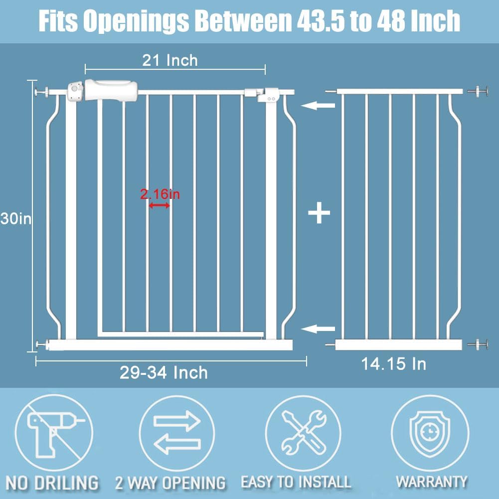 Extra Wide Baby Gate 14.17in Wide Extensions Walk Through Baby Gate Pressure Mount Auto Close Child Safety Gates (White, Extension-14.17"/36cm)