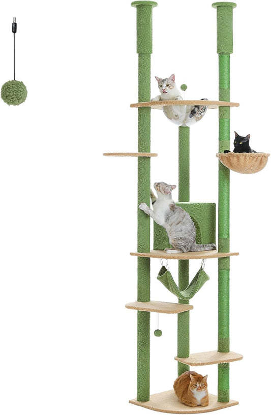 PEQULTI Floor to Ceiling Cat Tree 92.9’’-101.6’’ Height Adjustable Cat Tower Tall Kitty Climbing Play House with Scratching Posts, Cozy Condo, Perches and Large Hammock for Indoor Cats Green