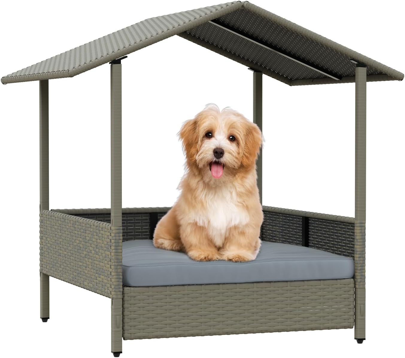 LEMBERI Outdoor Rattan Dog House with Canopy, Indoor Dog Bed for Small/Medium Dogs with Removable Cushion, Washable Cover, Dog Shelter for Patio, Deck, Yard, Pool, Gray