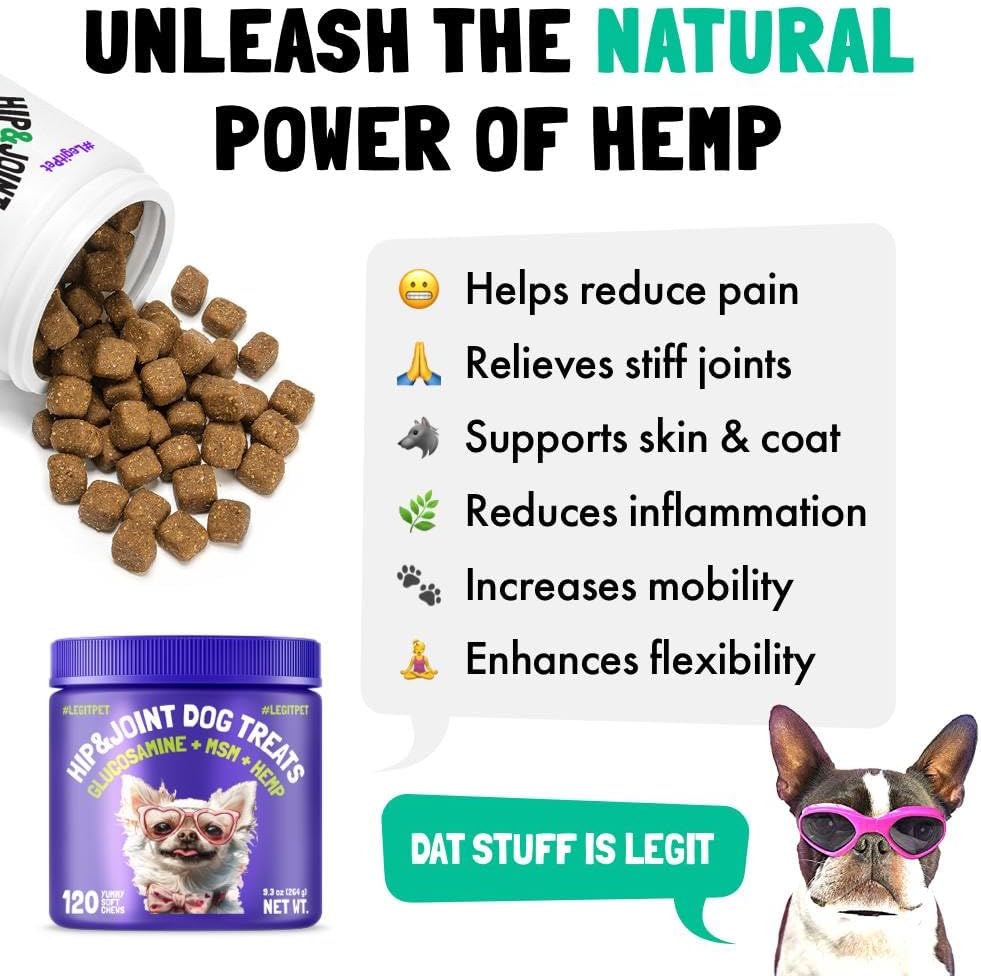 LEGITPET Hemp Hip & Joint Supplement for Dogs Soft Chews Made in USA Functional Glucosamine for Dogs Chondroitin MSM Turmeric Hemp Seed Oil Natural Pain Relief Mobility Advanced Joint 120 Treats