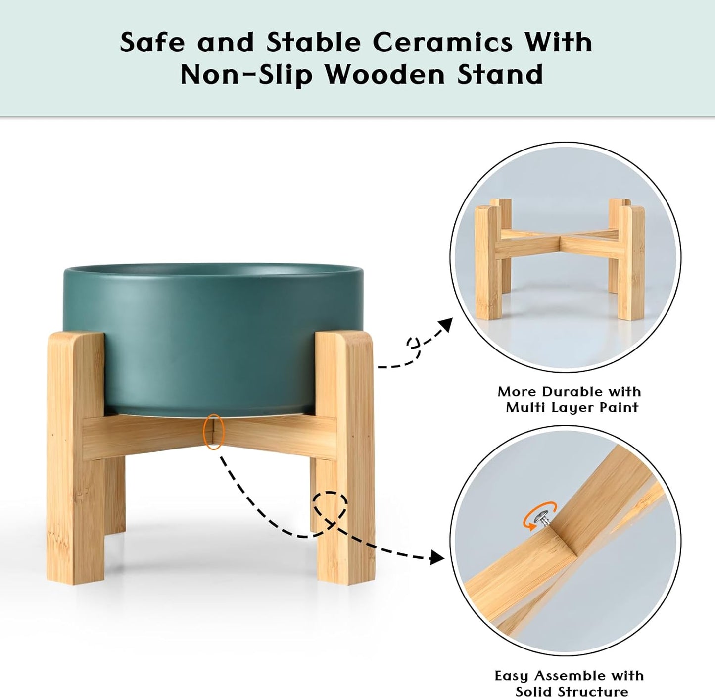 SPUNKYJUNKY Ceramic Elevated Dog Bowls 2 Pack - 6.1inch Raised Dog Bowls with Non-Slip Wooden Stand for Medium Dogs Dishwasher Safe(Green,28.7OZ*2)