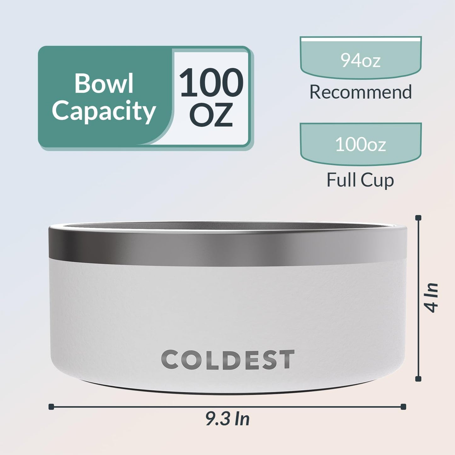 Coldest Dog Bowl - Anti Rust Metal, Non Slip, 3 Layers Insulated Stainless Steel Dog Bowls - Spill Proof & Heavy Duty - Water Bowl for Dogs, Cats & Pets, Dish Washer Safe (100 oz, Epic White)