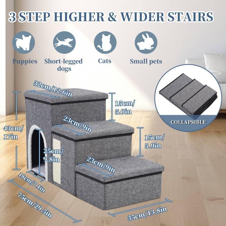 Dog Stairs for High Bed and Couch, 4 IN 1 Foldable Pet Stairs for Cats & Small and Medium Dogs, Adjustable Dog Steps with Pet Climbing Ladders/Cozy Condo/Storage Boxes/Cat Scratcher, Hold Up to 180LBS