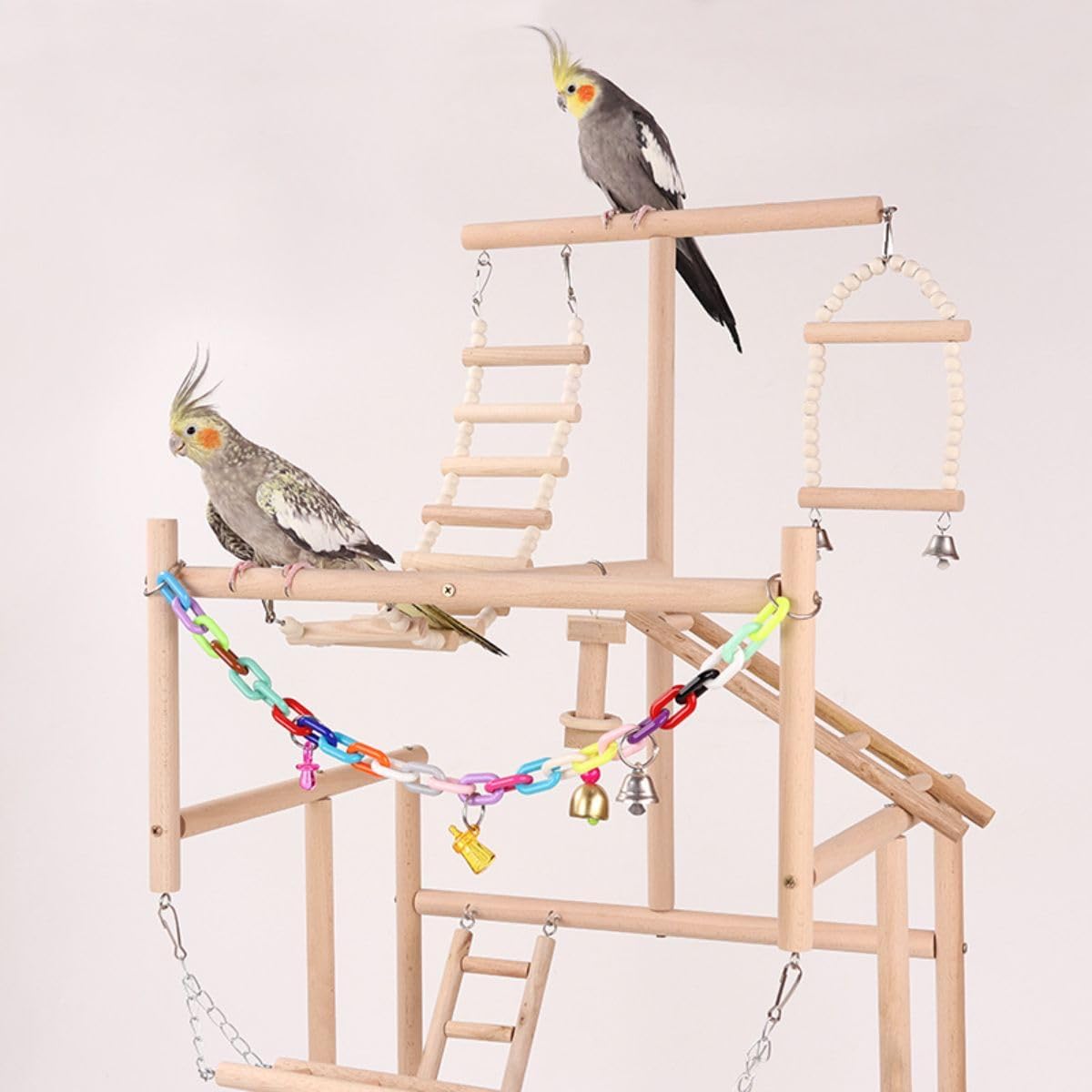 Pet Parrot Playstand Parrots Bird Playground Bird Play Stand Wood Perch Gym Playpen Ladder with Feeder Cups Bells Swing for Cockatiel Parakeet Random Color