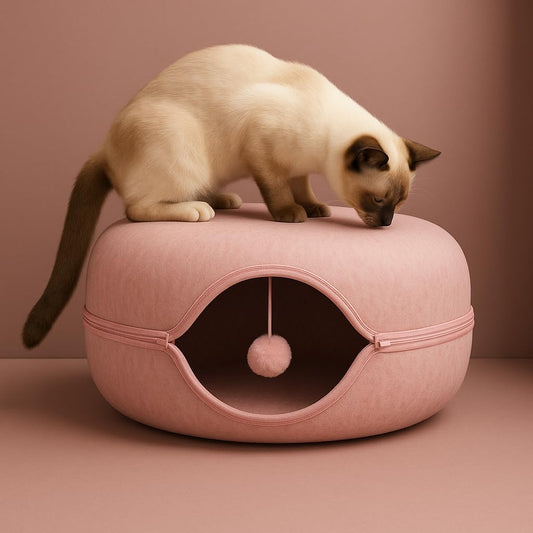 Okoco Cat Tunnel Bed for Indoor Cats Large, 24" Peekaboo Cat Cave Donut Bed for Pets up to 45lbs, 2-in-1 Round Tube with Hanging Ball Toy & Removable Machine Washable Parts (Pink)