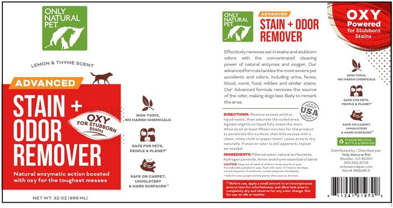 Only Natural Pet Advanced Dog Stain + Odor Remover with Oxy, All-Natural Professional Strength Enzymatic Cleaner - Pet Stain and Urine Odor Remover- 32 Fl Oz
