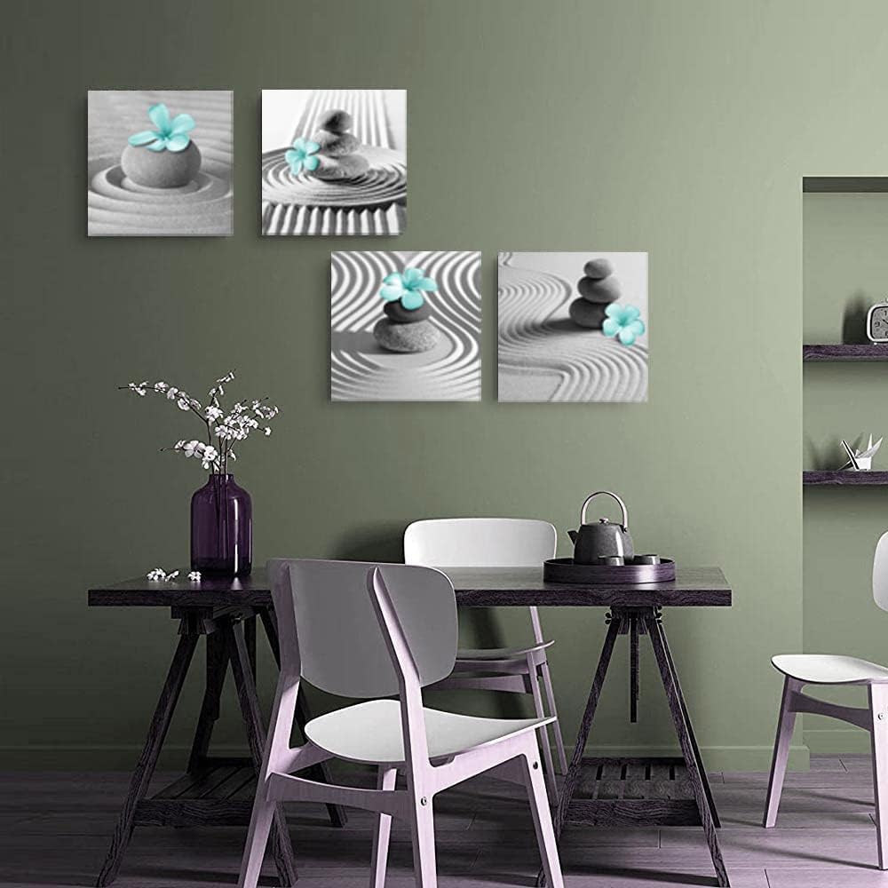 Yxbhhym Gray Wall Art Zen Wall Art Teal Floral Paintings Black and White Decor Zen Stone Sand Pebble Canvas Flower Artwork for Wall Home Decoration Bathroom Wall Decor 12''x12''x4pcs