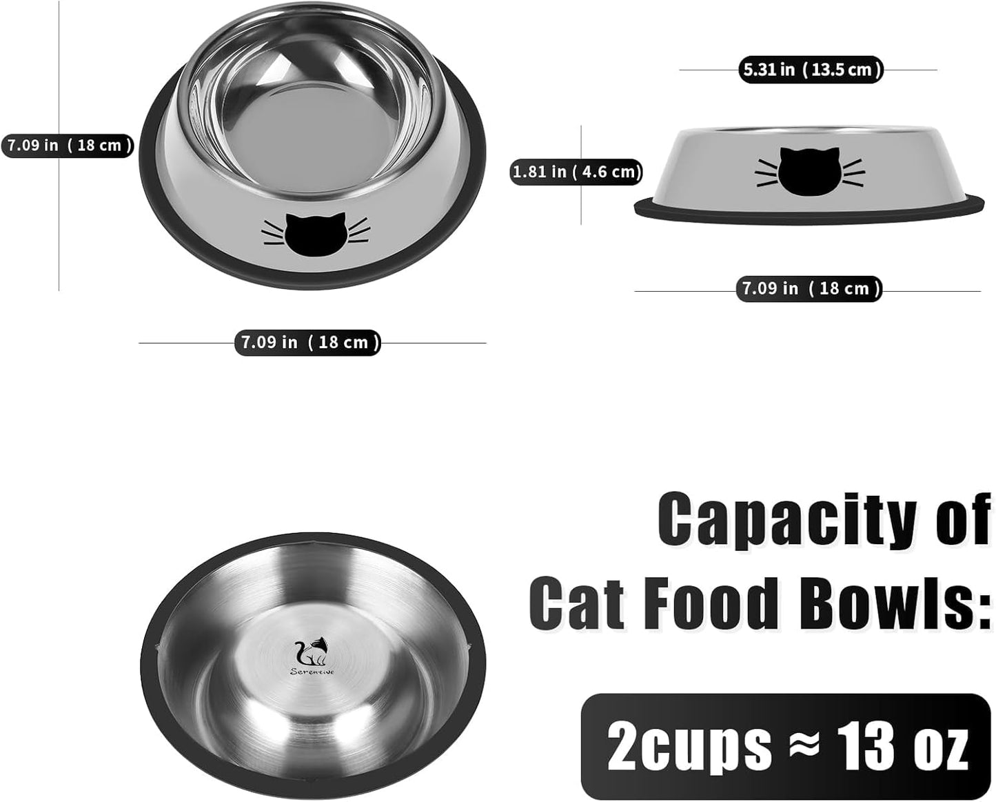 2Pcs Cat Bowls Non-Slip Stainless Steel Small Cat Food Bowl Unbreakable Thick Rubber Base Easily Clean Lovely Color
