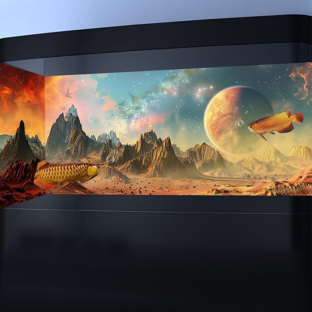 Cosmic Aquarium Background,Cool Galaxy Parallel Space Themed Fish Tank Background, Tropical Desert Terrarium Background 48X20IN with 8 EVA Double-Sided Tape