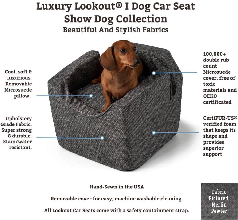 Snoozer Dog Car Seat, Lookout I Dog Booster Car Seat for Small Dogs Under 25lbs, Size: Medium, Fabric: Palmer Indigo, Pet Car Seat to Alleviate Car Sickness for Dogs, Removable Machine Washable Cover