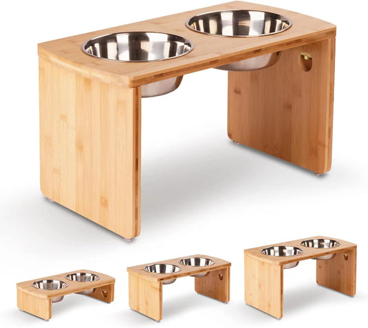 Elevated Dog Bowls, Bamboo Raised Dog Bowl for Large Dogs, with 2 Stainless Steel Bowls (13'' Tall-68oz Bowl, Natural)
