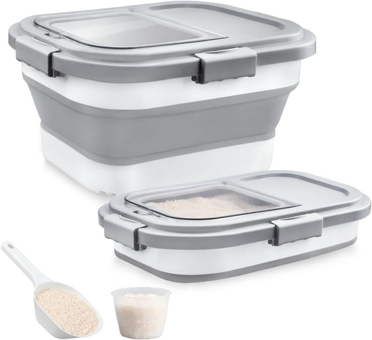 Rice Storage Container, Collapsible Airtight Food Storage Containers 6-20 Lbs, Rice Dispenser Bin with Cup and Scoop for Flour Cereal Pasta Grain, Cat Bird Pet Dog Food Storage Container