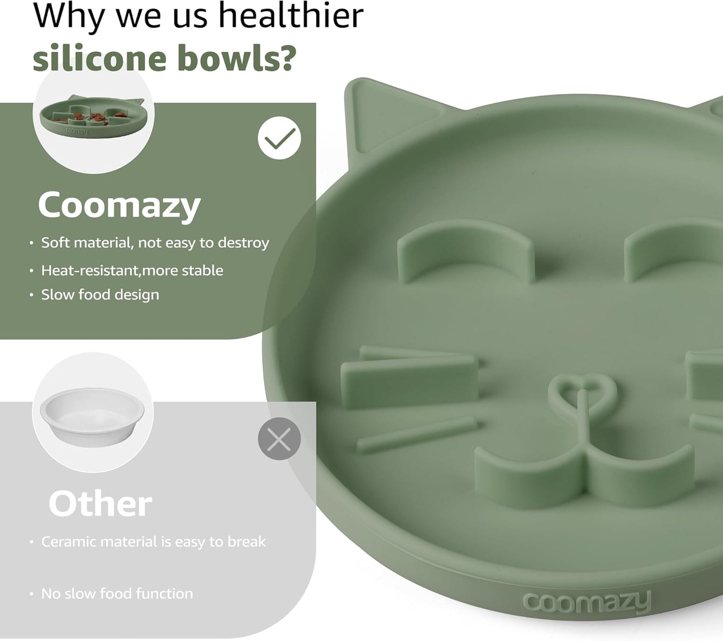 Coomazy Silicone Slow Feeder Dog Cat Bowls, Interactive Puzzle Toy for Pets Dry/Wet Food Training, Keeps Dogs Cats Busy, Prevents Puppy Kitty Overeating (Green, 0.8 Cup)