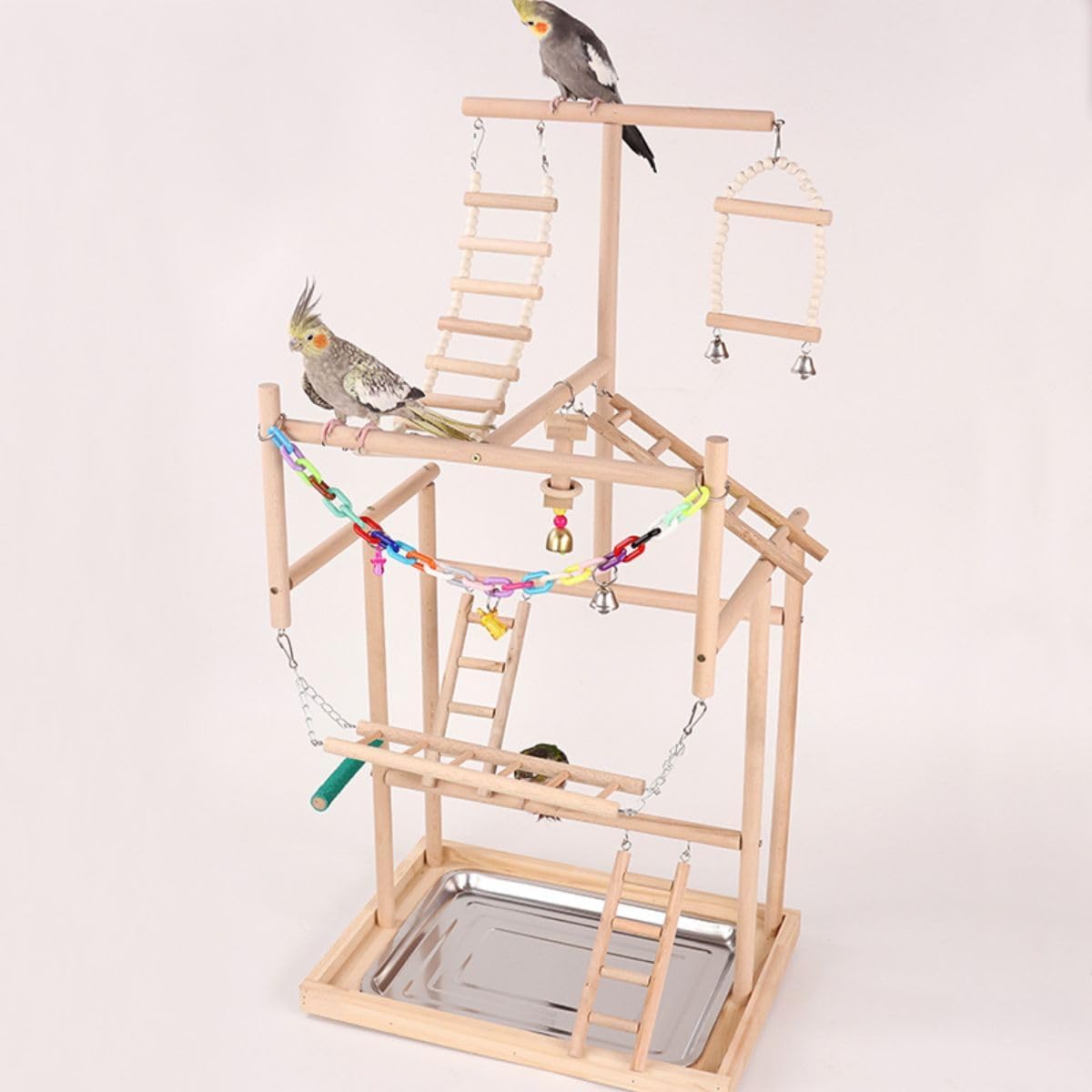 Pet Parrot Playstand Parrots Bird Playground Bird Play Stand Wood Perch Gym Playpen Ladder with Feeder Cups Bells Swing for Cockatiel Parakeet Random Color