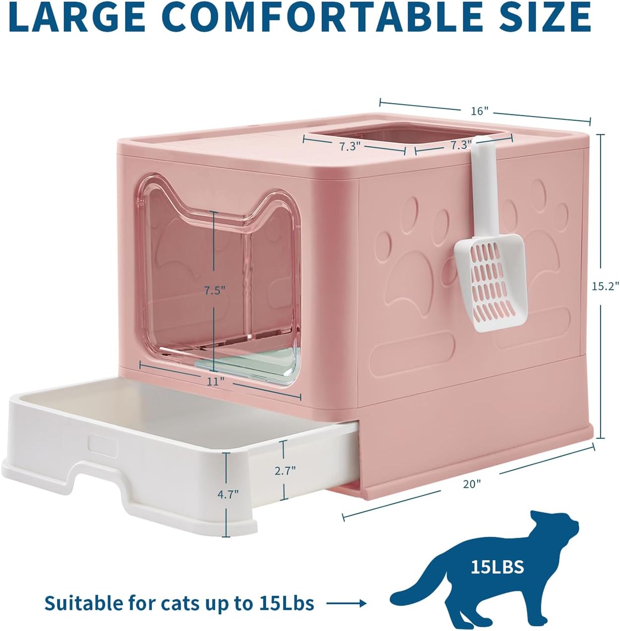 Cat Litter Box with Litter Mat and Scoop, Large Foldable Litter Box with Lid, Front Entry Top Exit Kitty Box, Odor Control, Easy to Clean (Pink)