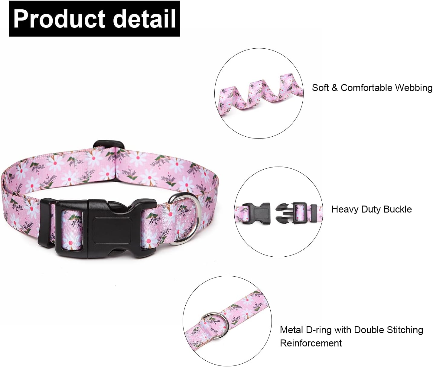 Mercano Adjustable Dog Collar - Special Design Patterns, Soft Nylon Comfortable Durable Pet Collar for Small Medium Large Dogs (S, Pink White Flower)