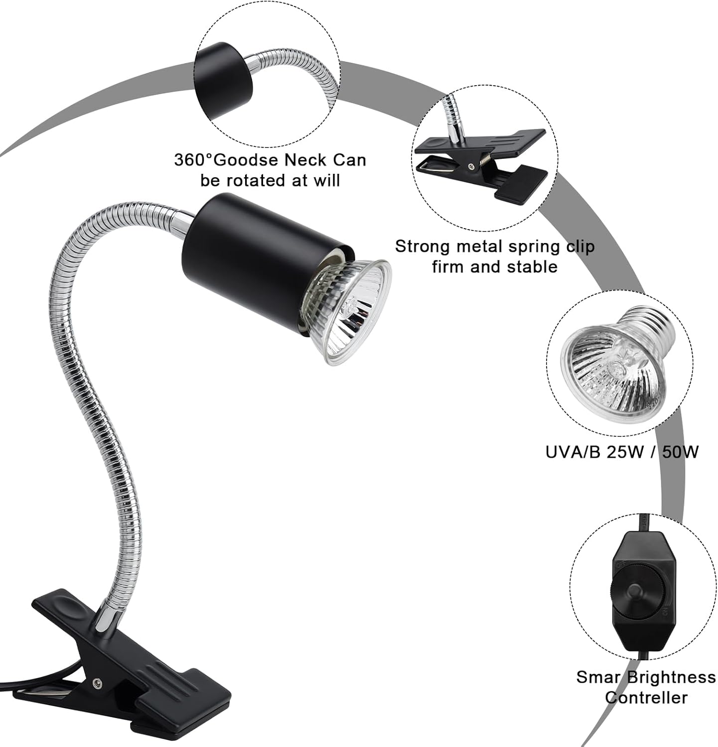 ReptileHeat Lamp The Adjustable Temperature and 360 ° Rotating Hose Crawlers Heating Lights, for Turtles, Lizards, Beard Dragons and Other Amphibious Pets
