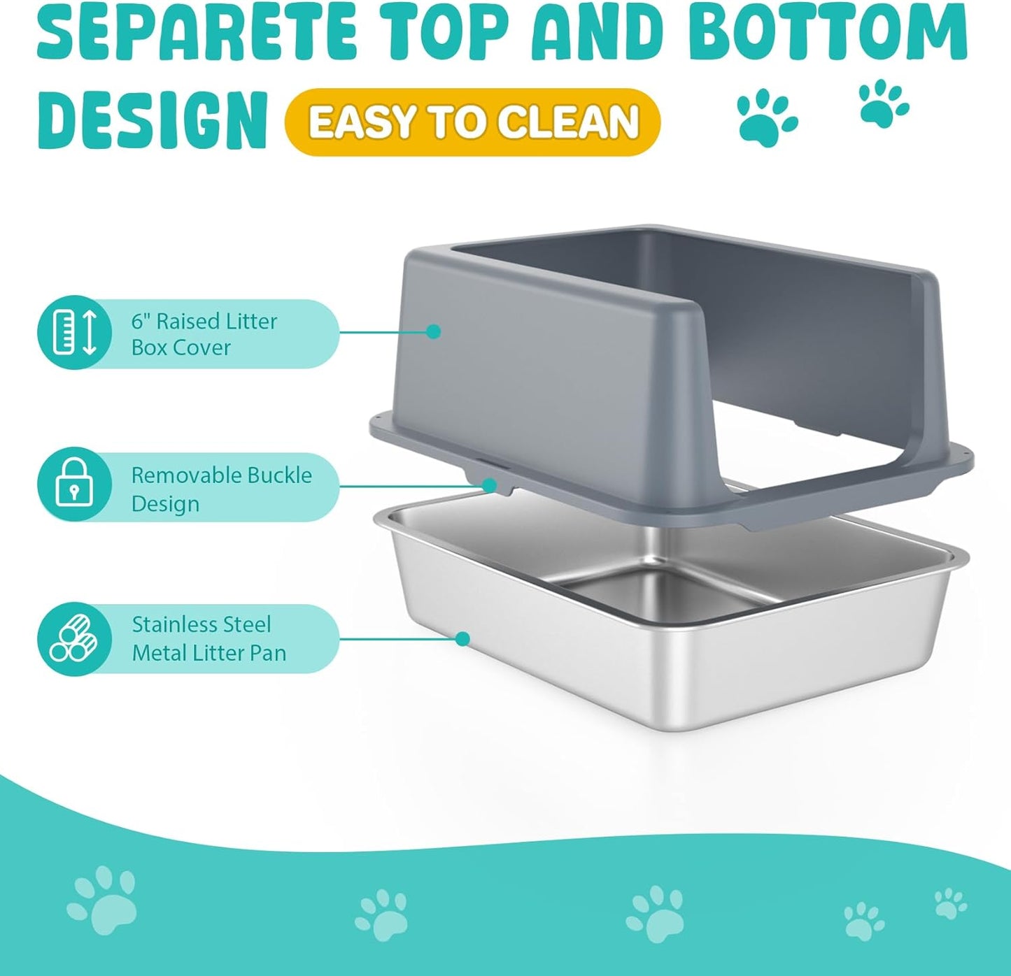 Litter Box with Lid, Stainless Steel Litter Box, 10" Metal Litter Tray High Sides, Small Litter Pan for Kittens, Enclosed Cat Litter Pan, Non-Sticky Covered Grey, Easy Clean