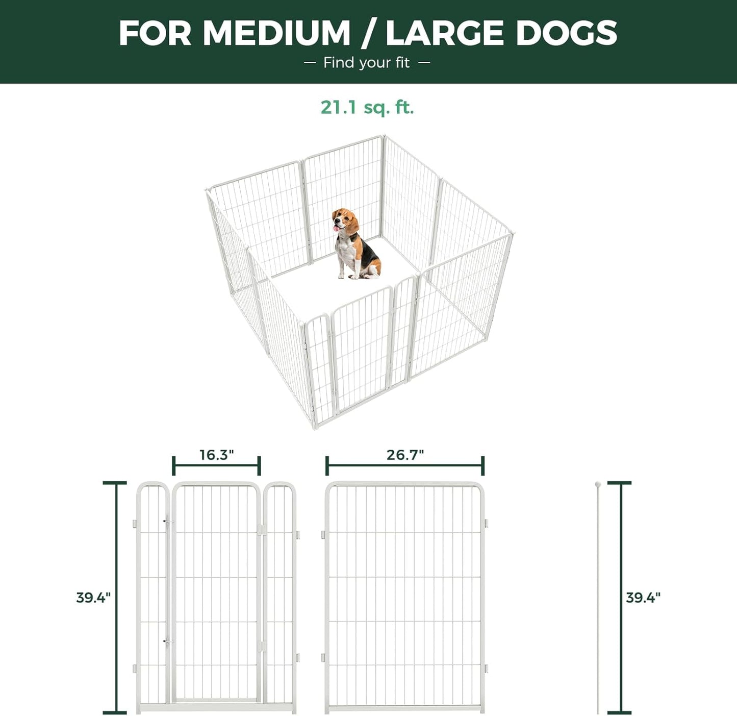 FXW Homeplus Unleashed Indoor Dog Playpen - Stress-Free and Safe Play, Heavy Duty 40 Inch 8 Wire Panels Dog Pen for Medium and Large Dogs, White│Patented