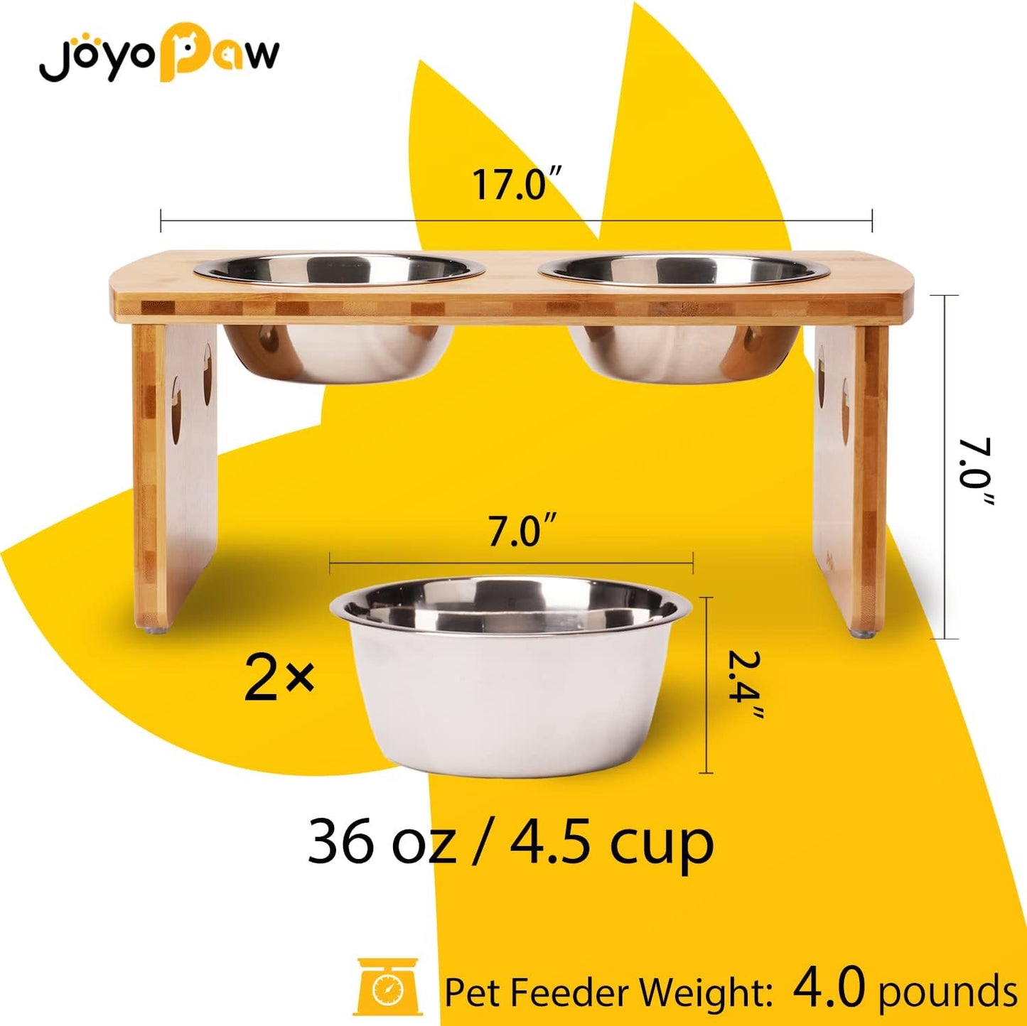 Elevated Dog Bowls, Bamboo Raised Dog Bowl for Medium Dogs, with 2 Stainless Steel Bowls (7'' Tall-30 oz Bowl)