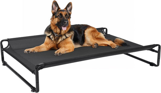 Veehoo Original Outdoor Elevated Dog Bed, Cooling Raised Dog Cot for Large Dogs, Portable Standing Pet Hammock Platform with Washable Breathable Mesh, No-Slip Feet, X-Large, Black, CWC2201
