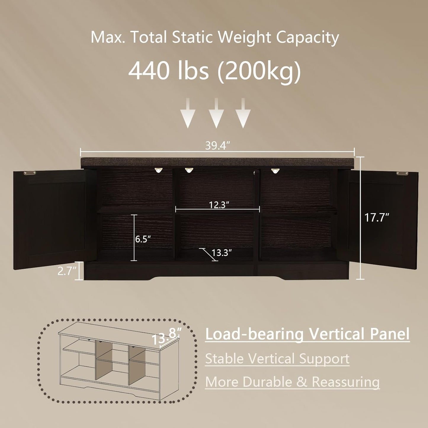 DINZI LVJ Shoe Bench, Entryway Storage Bench with Doors, Cushion, 2-Tier Shoe Rack with 6-Cubby, 39.4”L x 13.8”W Shoe Organizer Cabinet, Adjustable Shelf, Living Room, Bedroom, Espresso with Rattan