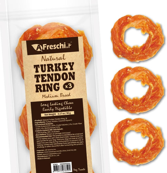 Afreschi Turkey Tendon Ring (M) 3.17 oz, USA-Sourced Turkey Tendon, All Natural Human Grade Dog Chew, Hypoallergenic, Rawhide Alternative, Dog Treats for Medium Breeds