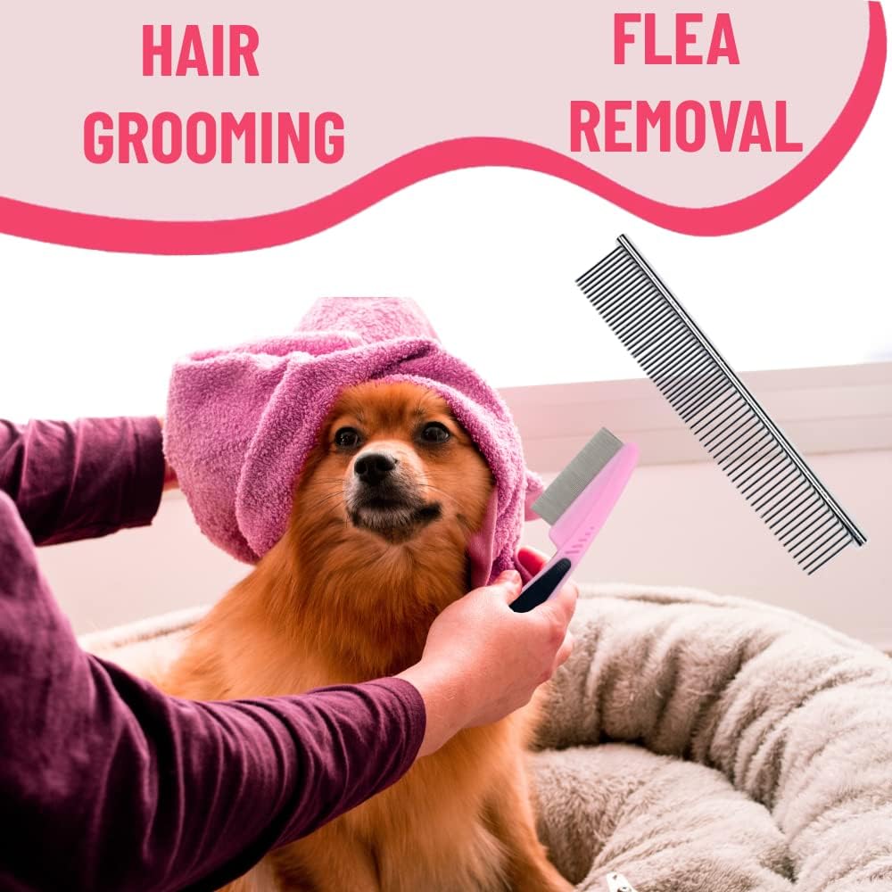 Dog Grooming Kit - Deshedding Brush for Short Hair, Slicker Brush, Flea Comb, Puppy Brush Set in Pink